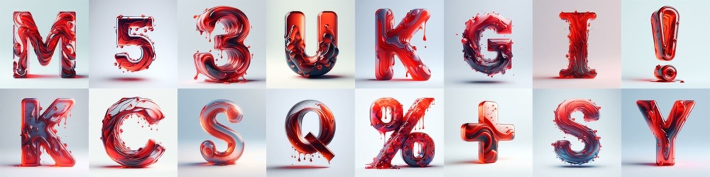 Red glass 3D Lettering Typeface. AI generated illustration