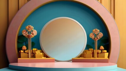 Wall Mural - Minimal scene with round stage and flowers