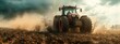 Agricultural Tractor Working in Field with Dramatic Dust and Clouds
