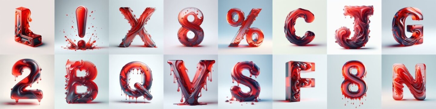 Red glass 3D Lettering Typeface. AI generated illustration