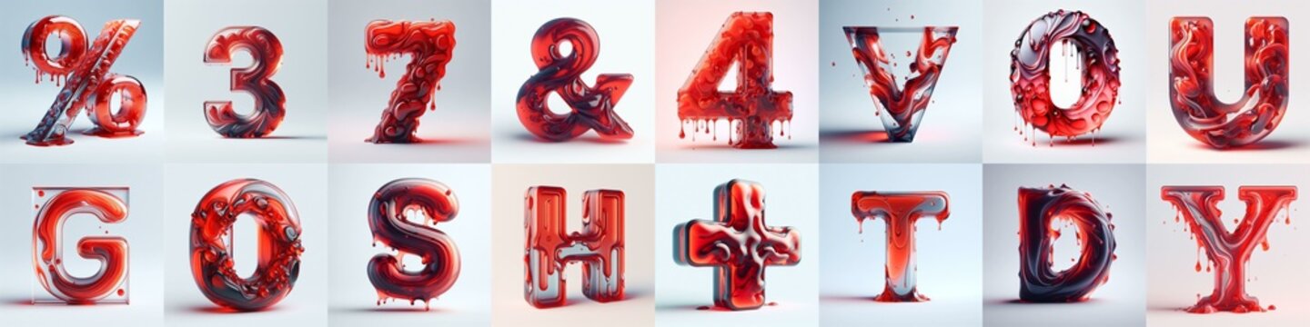 Red glass 3D Lettering Typeface. AI generated illustration