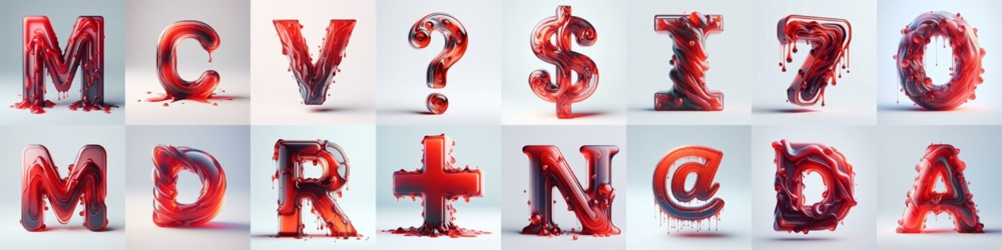 Red glass 3D Lettering Typeface. AI generated illustration