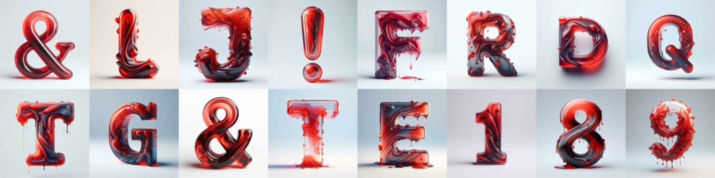 Red glass 3D Lettering Typeface. AI generated illustration