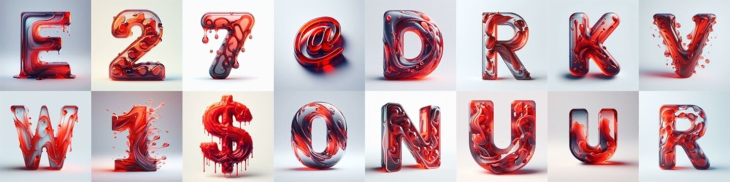 Red glass 3D Lettering Typeface. AI generated illustration