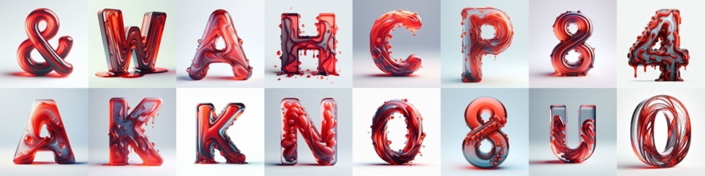 Red glass 3D Lettering Typeface. AI generated illustration