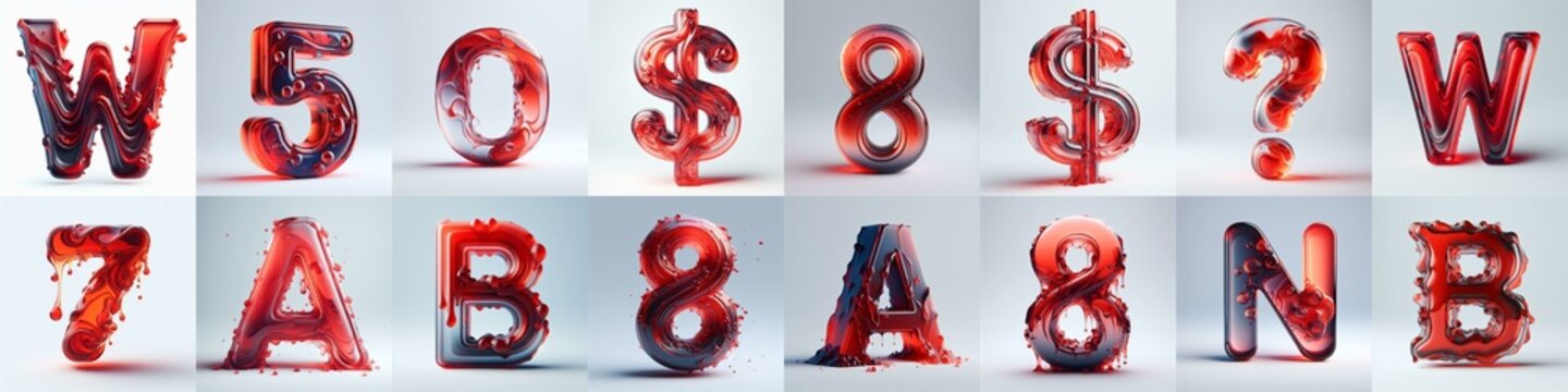 Red glass 3D Lettering Typeface. AI generated illustration