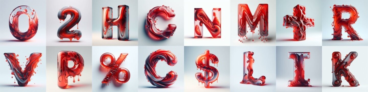 Red glass 3D Lettering Typeface. AI generated illustration