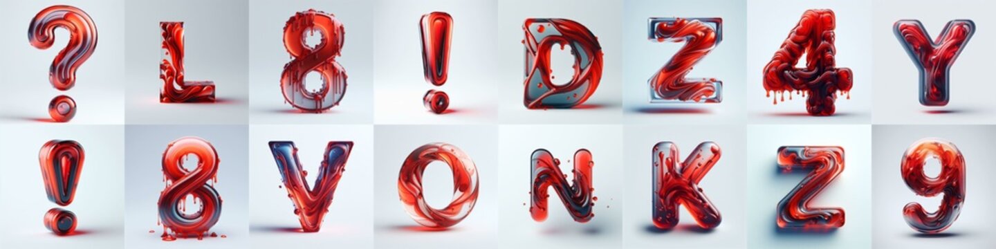 Red glass 3D Lettering Typeface. AI generated illustration
