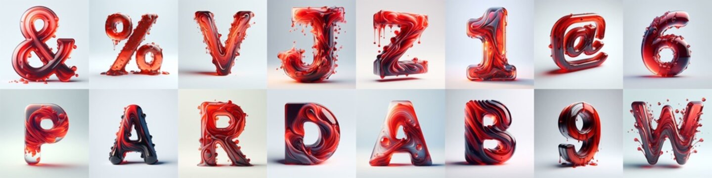 Red glass 3D Lettering Typeface. AI generated illustration