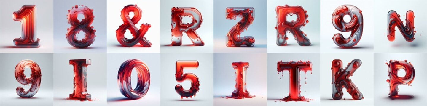 Red glass 3D Lettering Typeface. AI generated illustration