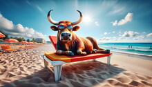 Bull Lying On Sun Bed And Drinking A Cocktail In Summer Sunny Sea Beach