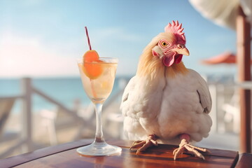 Wall Mural - chicken lying drinking a cocktail in summer sunny sea beach