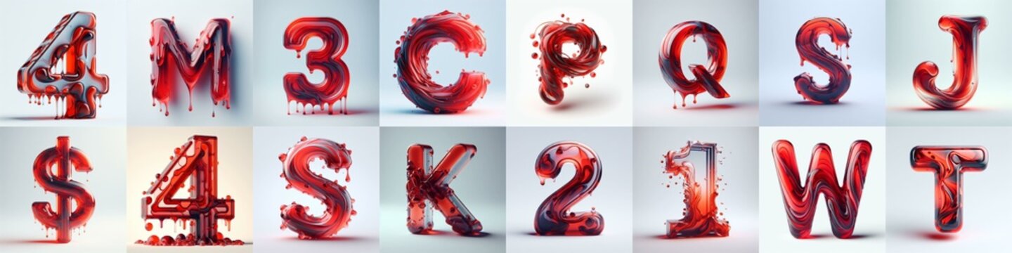 Red glass 3D Lettering Typeface. AI generated illustration