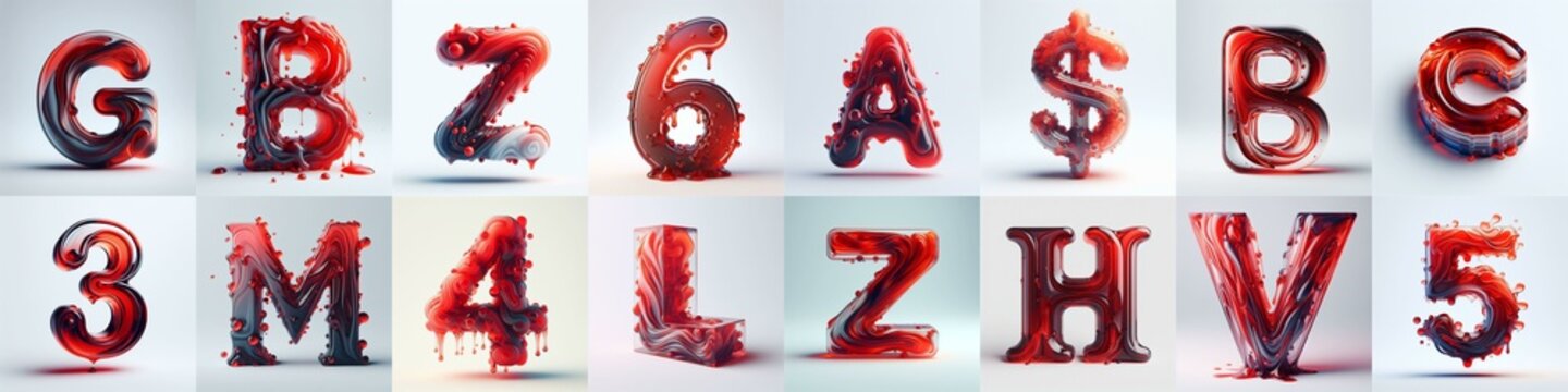 Red glass 3D Lettering Typeface. AI generated illustration