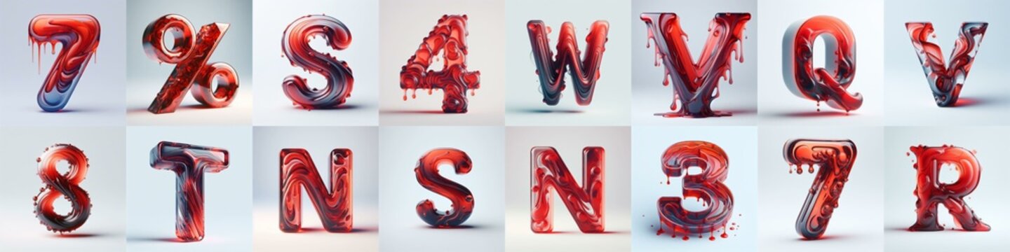 Red glass 3D Lettering Typeface. AI generated illustration