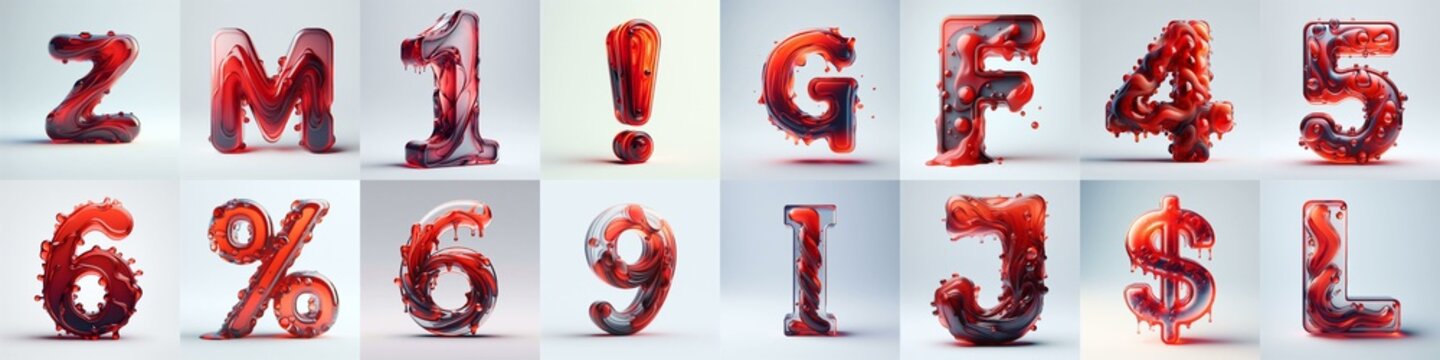 Red glass 3D Lettering Typeface. AI generated illustration