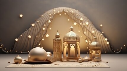 Wall Mural - 3d rendering image of ramadan and eid fitr theme greeting background with islamic decoration objects, generative ai, 
