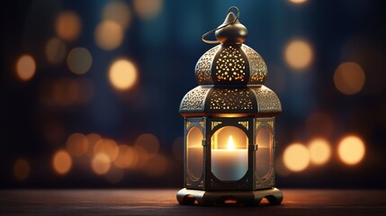 Wall Mural - Ornamental Arabic lantern with burning candle glowing at night and glittering golden bokeh lights. Festive greeting card, Muslim holy month Ramadan Kareem. Dark background. 3D illustration rendering, 
