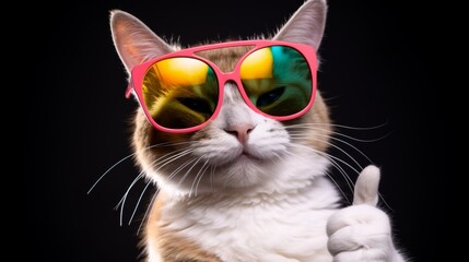 Wall Mural - Cat wearing sunglasses and giving thumb up. Adorable pet illustration.