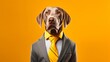 Dog in yellow outfit with tie on yellow background.