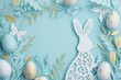 canvas print picture - Easter card papercut style bunny and eggs, gold and pastel blue colors