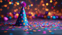 Birthday Party Hat On An Empty Wooden Table With A Background Of Bokeh Luminous Confetti. Copyspace. Birthday Party Background Template