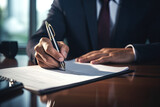 Fototapeta Panele - Business consultant, lawyer, businessman reading a contract, signing documents close-up view