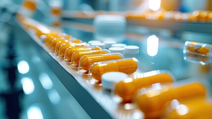 Cutting-edge pharmaceutical facility with pills in motion on conveyors, highlighting advanced drug manufacturing techniques.