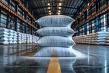 Fototapeta Panele - Stacked White Sacks on Wooden Pallets in a Spacious Warehouse Aisle