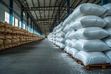 Fototapeta Panele - Stacked White Sacks on Wooden Pallets in a Spacious Warehouse Aisle