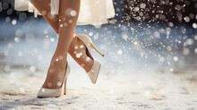 Close-up Of Female Legs In Heels Running And Kicking Snow. Snowy Weather Concept. Light Colour Palette. Generative AI