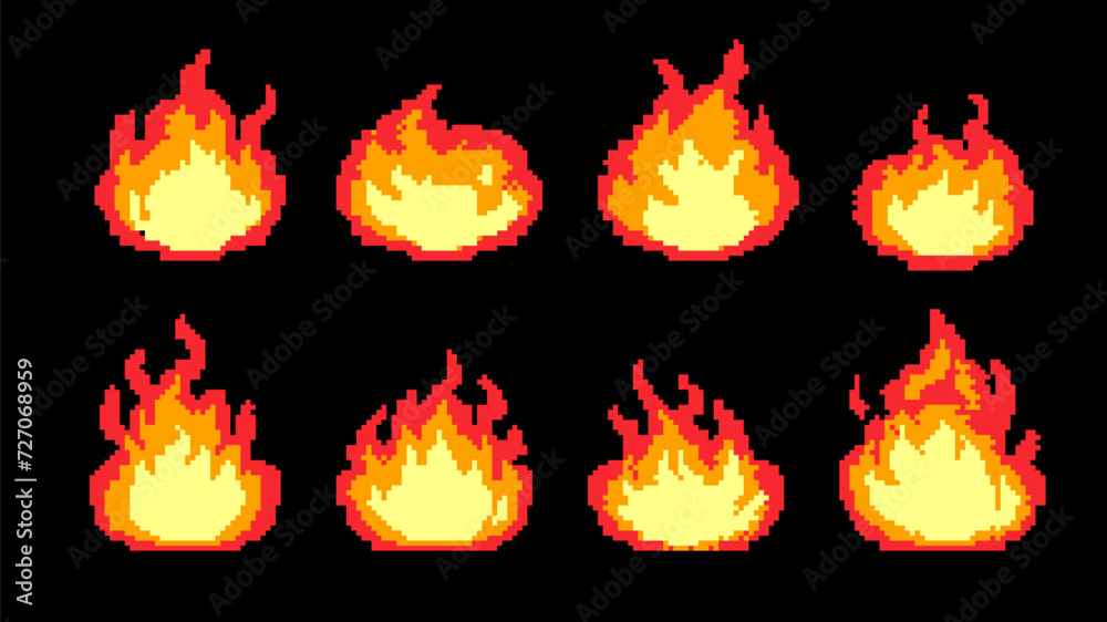 Pixel art cartoon animation frames of red fire flames. Vector 8 bit ...