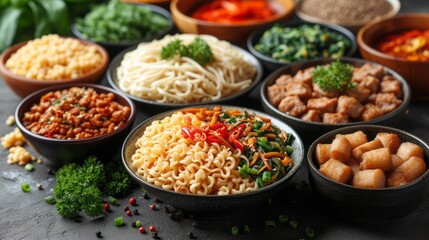 Wall Mural - High angle delicious arrangement of noodles on a table.