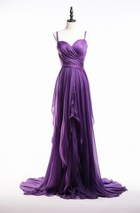 Wall Mural - Long evening violet dress on a mannequin on white background.