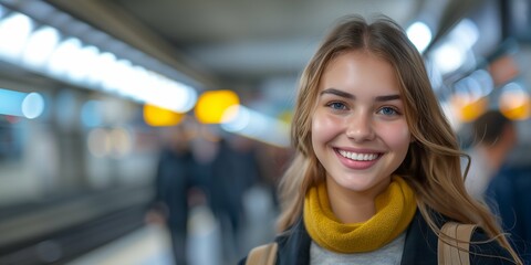 Canvas Print - Portrait of a beautiful young woman at the subway station, blurred background