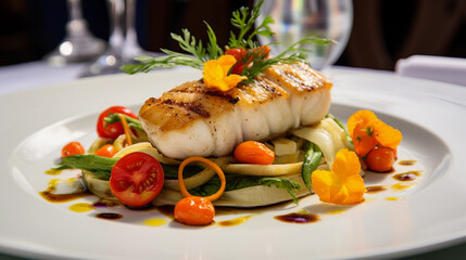 Wall Mural - Fish fillet with vegetables on a white plate in a elegant terrace restaurant 