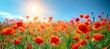 Vivid Poppies Field Adorned with Butterflies Against a Sunny Background. Made with Generative AI Technology