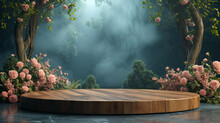 Wooden Table Top With Roses Busesh On Misty Forest Background - AI Generated