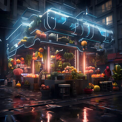 Poster - Cyberpunk street market with holographic fruits.