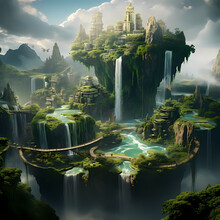 Floating Islands With Cascading Waterfalls. 