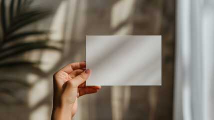 Wall Mural - Minimalistic aesthetic hand holding showing blank white empty paper note with copy space for text ad advertising , business announcement promotion concept