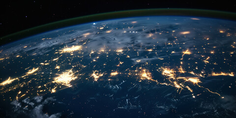 Wall Mural - big city lights view from space. planet earth globe with night realistic world map. communication co