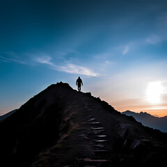 Canvas Print - Silhouette of a person hiking up a mountain. 