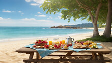 A Picnic Table On A Serene Beach With The Sound Of Gentle Waves In The Background And The Scene, Including The Colors, Smells, And Sounds, As Well As The Delicious Food Spread Across The Table