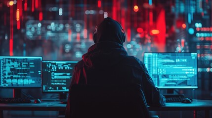 Poster - hacker at work with graphic user interface around