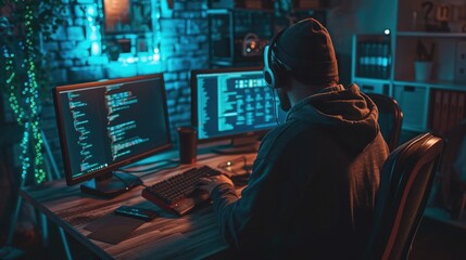 Poster - hacker at work with graphic user interface around
