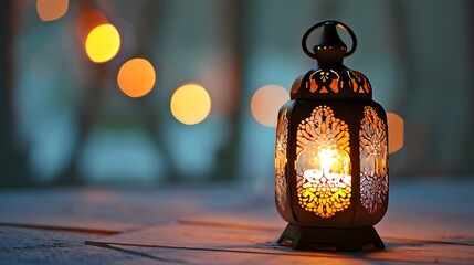 Ornamental Arabic lantern with burning candle glowing at night invitation for Muslim holy month Ramadan Kareem