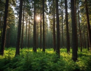 Nature symphony. Lush green pines forest serene summer morning view. Coniferous haven.