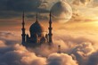 mosque floating amidst fluffy clouds during sunset