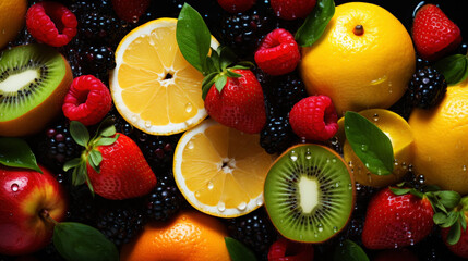 Wall Mural - Variety of fresh juicy tropical fruits background. Splash of vitamins. Healthy and tasty diet. Generative AI